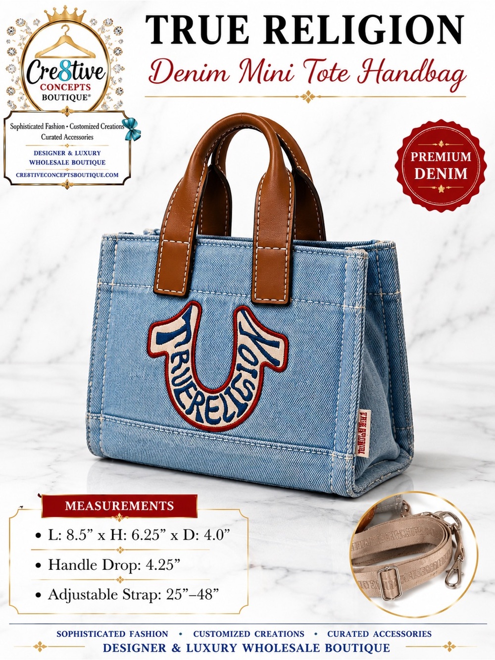 True Religion Denim Mini Tote Crossbody Handbag | Light Wash/Detachable Strap